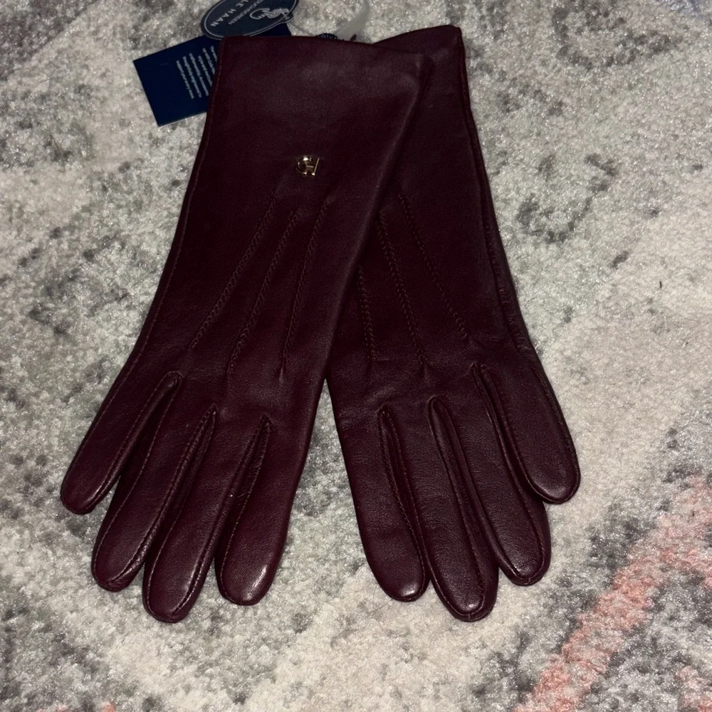 Cole Haan Women's Burgundy Leather Gloves with Gold Logo